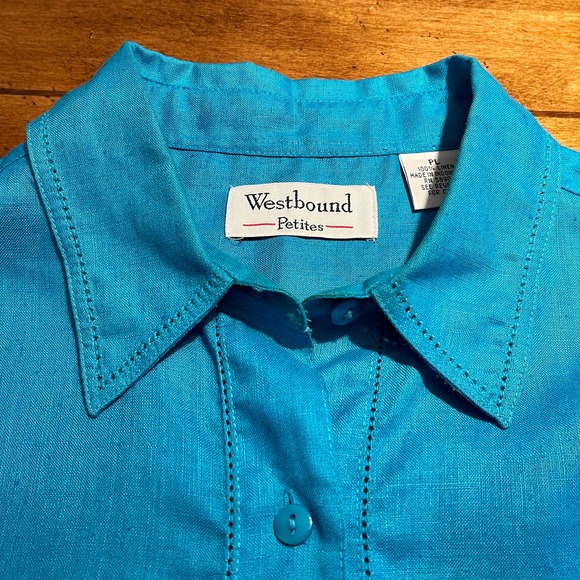 Westbound Petite 100% Linen Blue Button Front Top Women's Sz PL S1055-01 - Picture 6 of 11